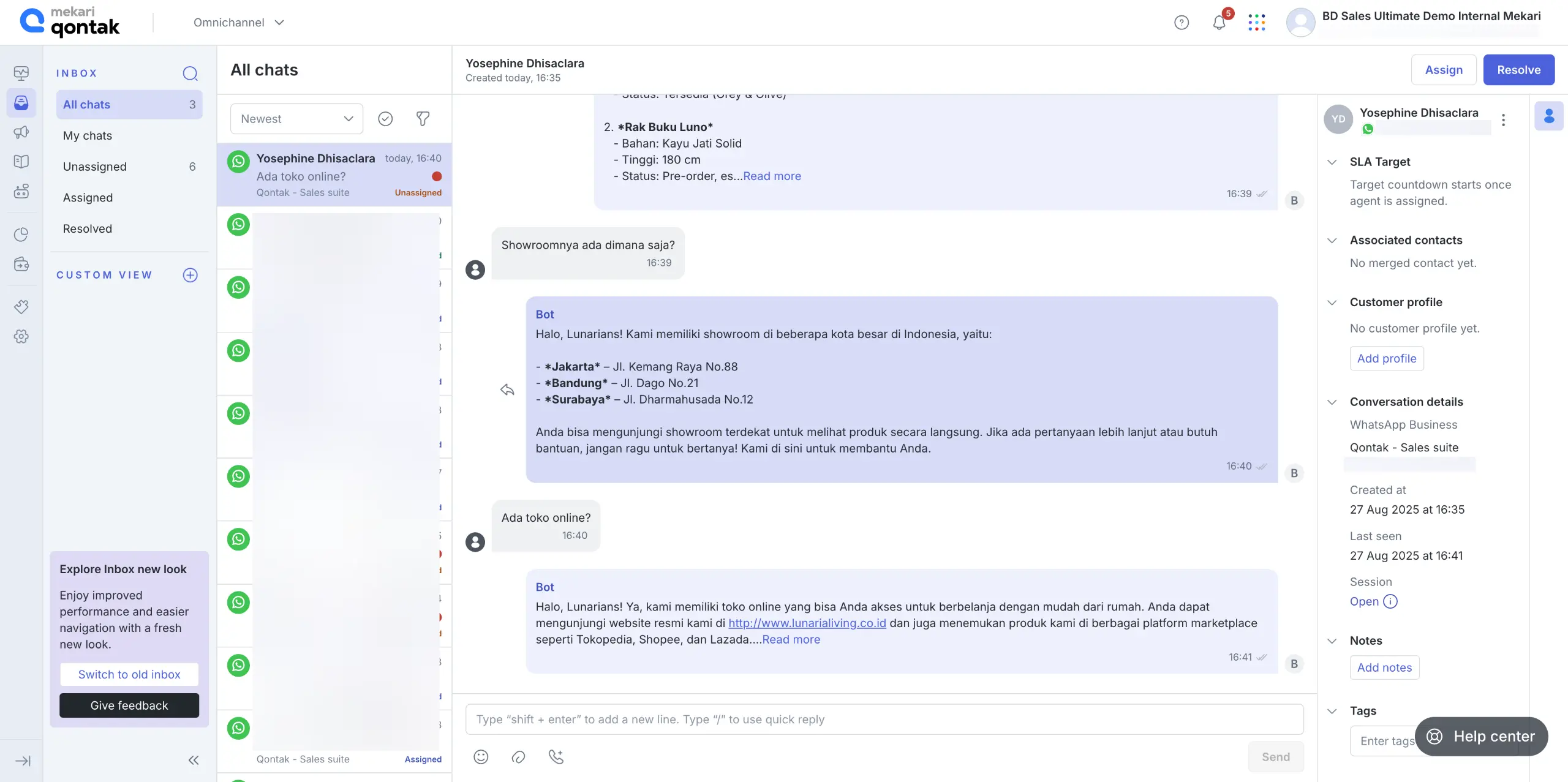 Dashboard AI Chatbot Aplikasi CRM Mekari Qontak