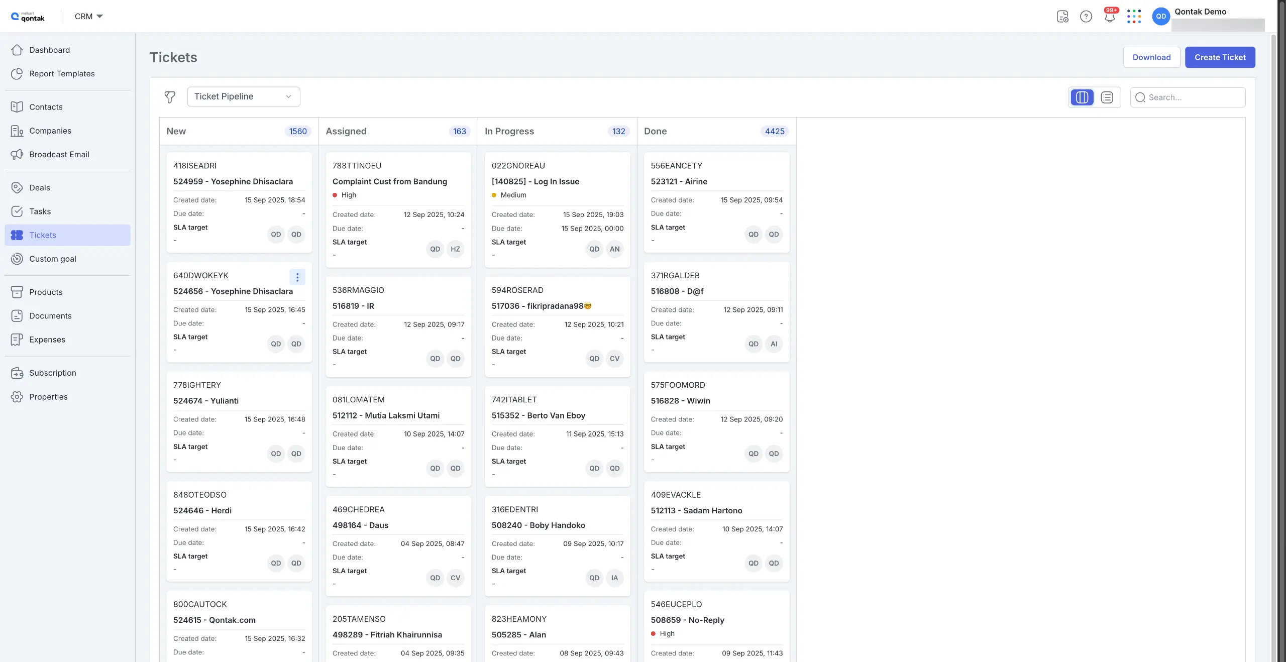 Dashboard Manajemen Tiket Aplikasi CRM Mekari Qontak