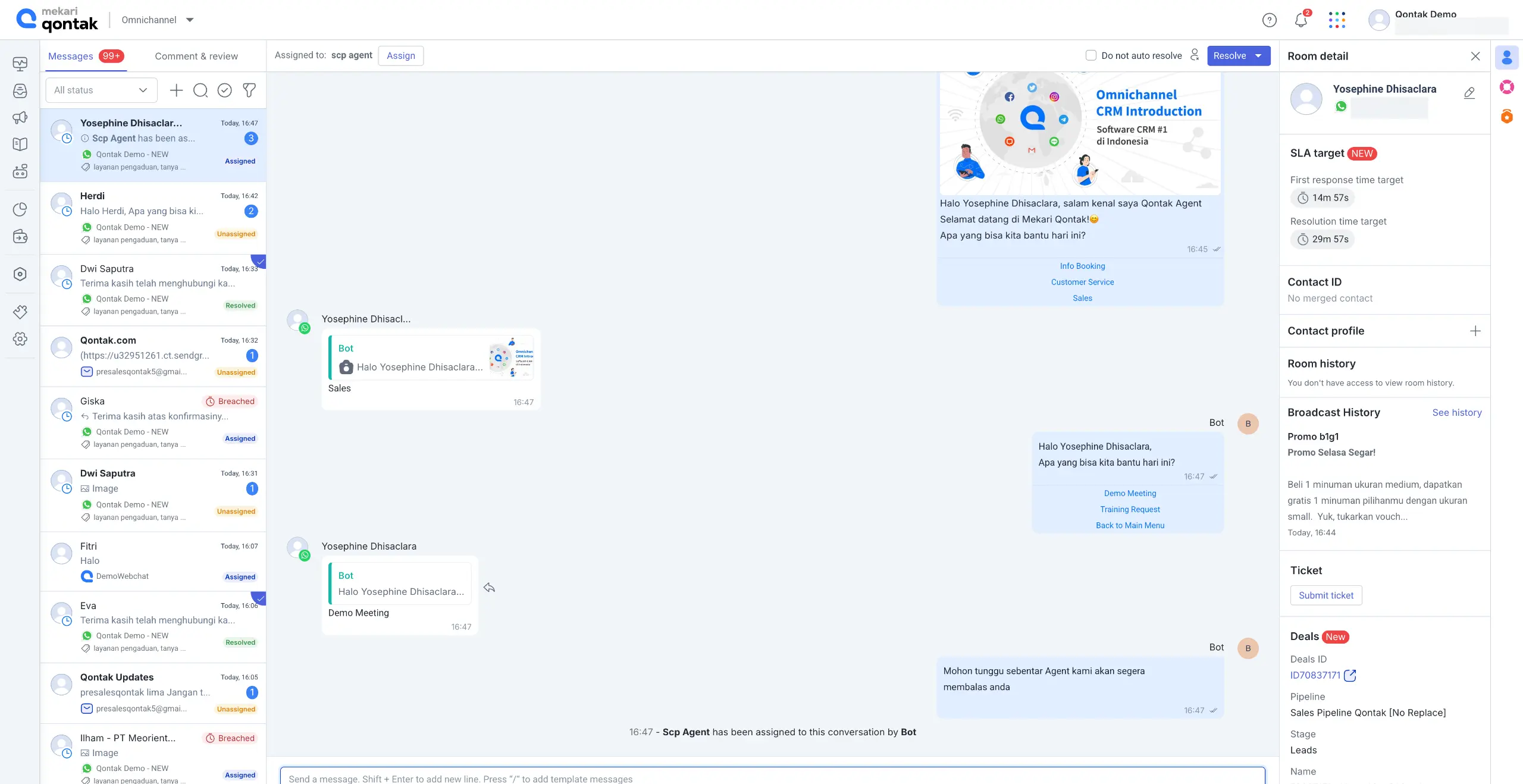 Dashboard Omnichannel Chat Aplikasi CRM Mekari Qontak