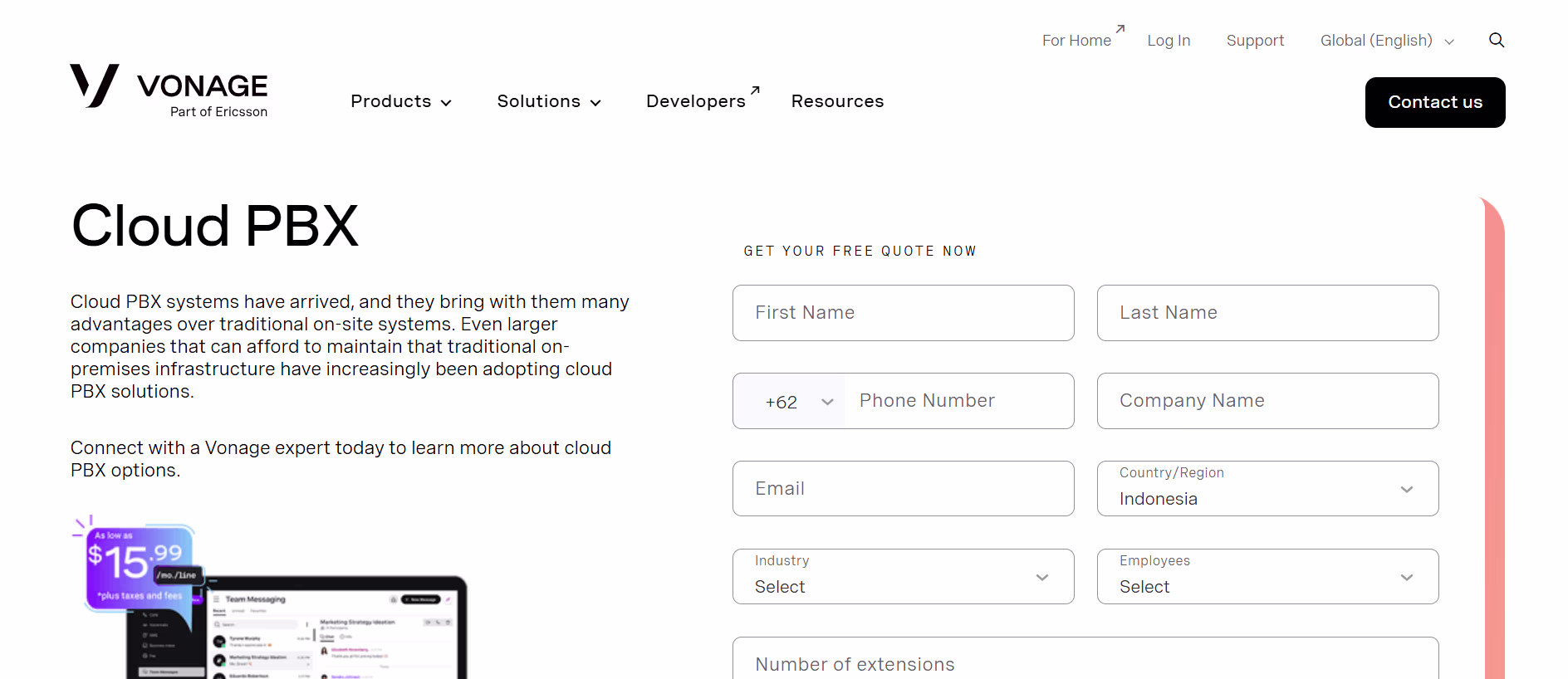 Ilustrasi Tampilan Homepage Cloud PBX Provider Vonage