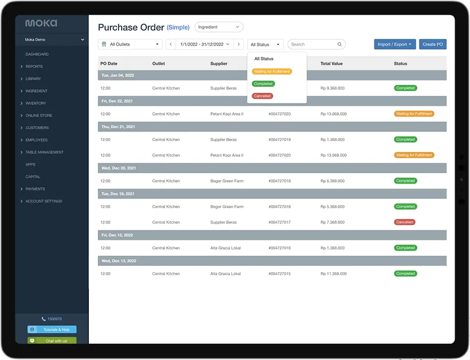 Dashboard Aplikasi Stok Barang Moka POS 