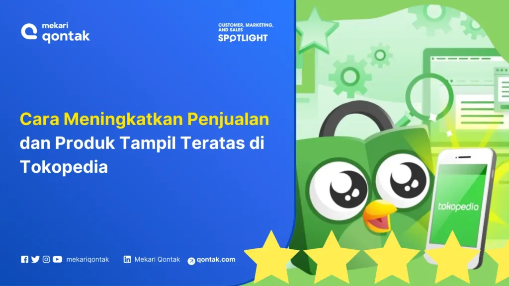 cara-meningkatkan-penjualan-dan-produk-tampil-teratas-di-tokopedia Tas belanja hijau dengan karakter lucu mendominasi gambar, menunjukkan tips meningkatkan penjualan di Tokopedia, dikelilingi elemen digital.