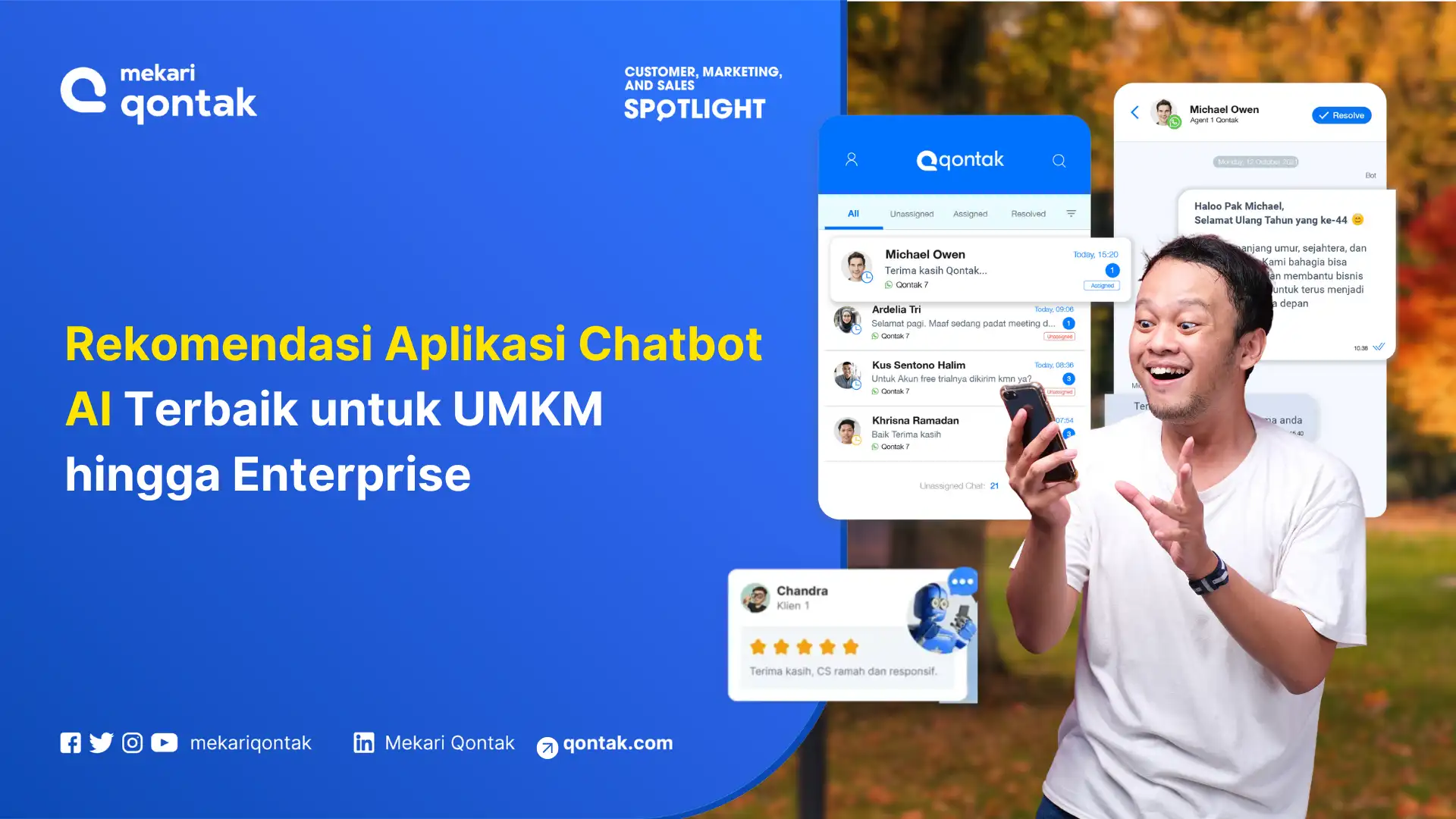 Rekomendasi aplikasi chatbot AI ditampilkan dengan pengguna smartphone yang berinteraksi sambil berdiskusi di latar belakang taman yang hijau.