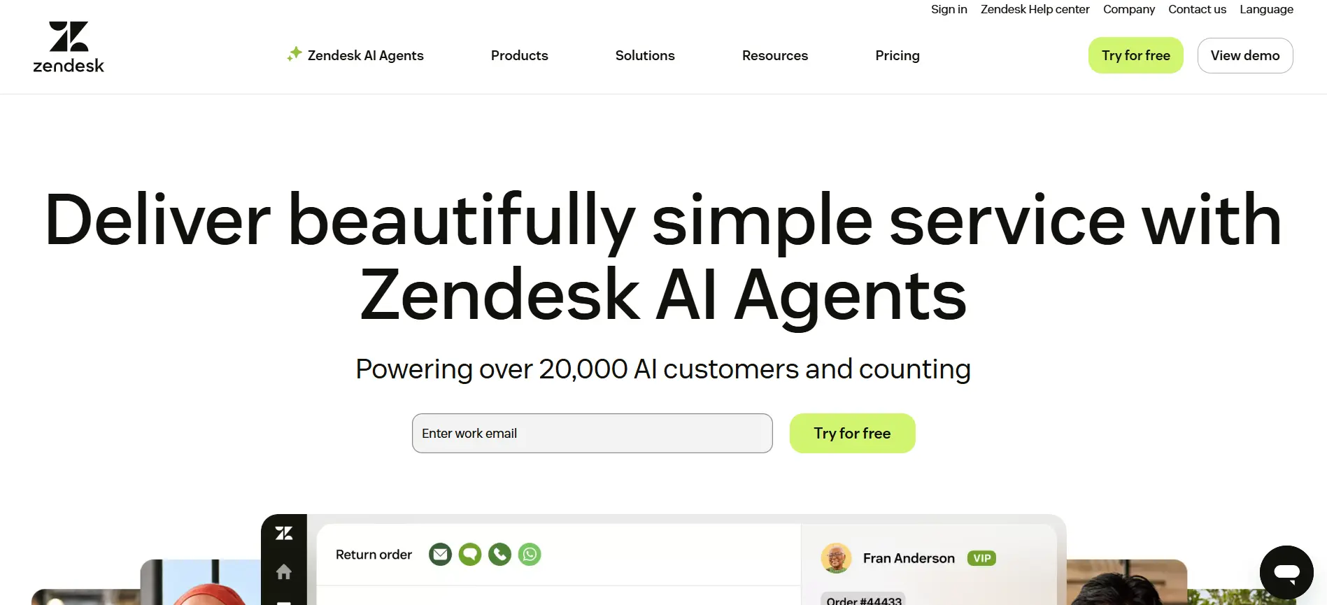Landing Page Zendesk platform agentic ai terbaik-Zendesk AI Agents menawarkan layanan sederhana dan efektif untuk pengguna, memperkuat lebih dari 20.000 pelanggan dengan solusi yang inovatif.