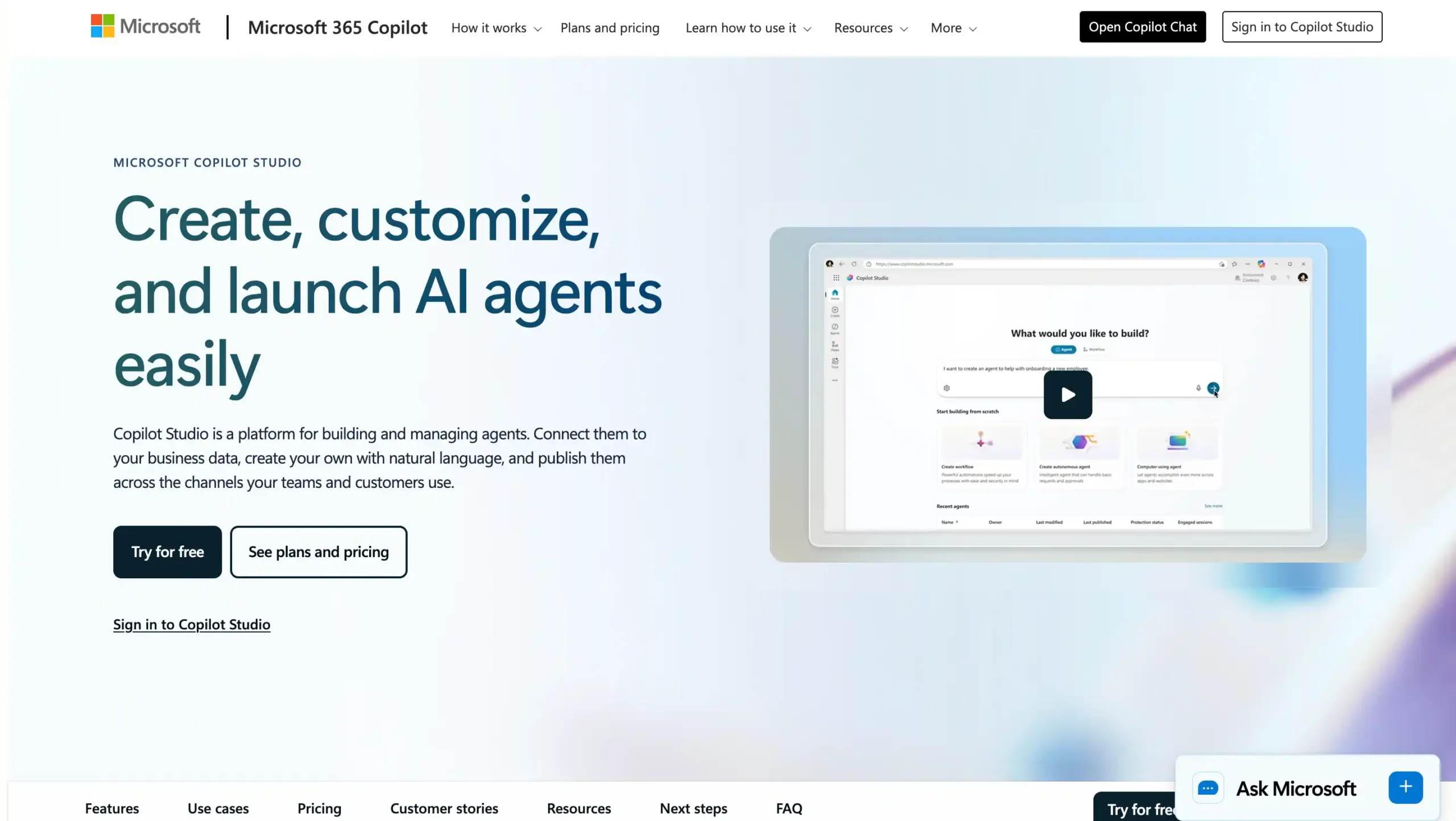 Landing Page Microsoft Copilot Studio Microsoft Copilot Studio-tools agentic ai terbaik