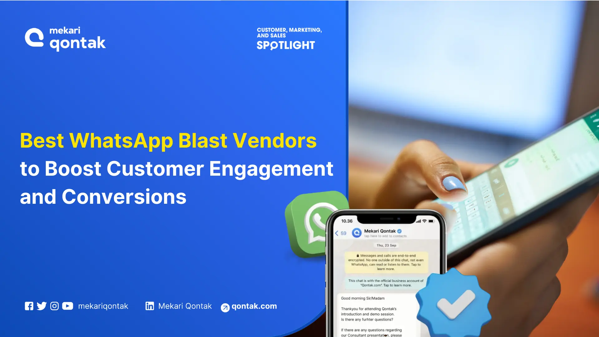 Vendor WhatsApp tampil di layar ponsel, berfungsi untuk meningkatkan interaksi pelanggan. Latar belakang menyoroti pentingnya konversi.
