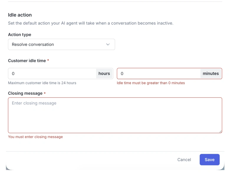 Tampilan Tentukan Tindakan Agen AI Saat Percakapan Tidak Aktif pada Aplikasi Mekari Qontak cara membuat ai customer service agent-Tentukan Tindakan Agen AI Saat Percakapan Tidak Aktif