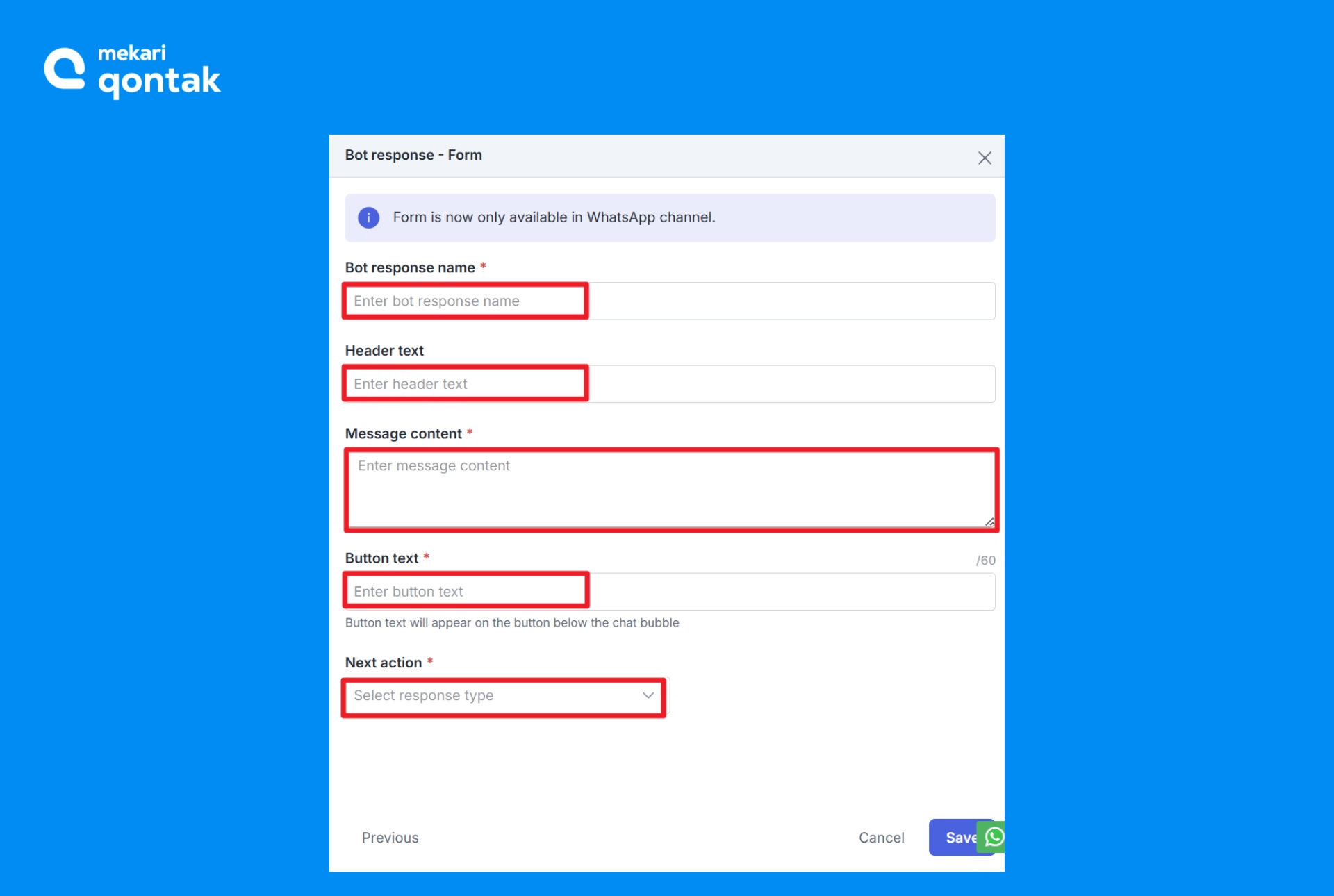 Ilustrasi Melengkapi Bot Response, Header Text, Message Content, dan Next Action Ilustrasi Melengkapi Bot Response, Header Text, Message Content, dan Next Action